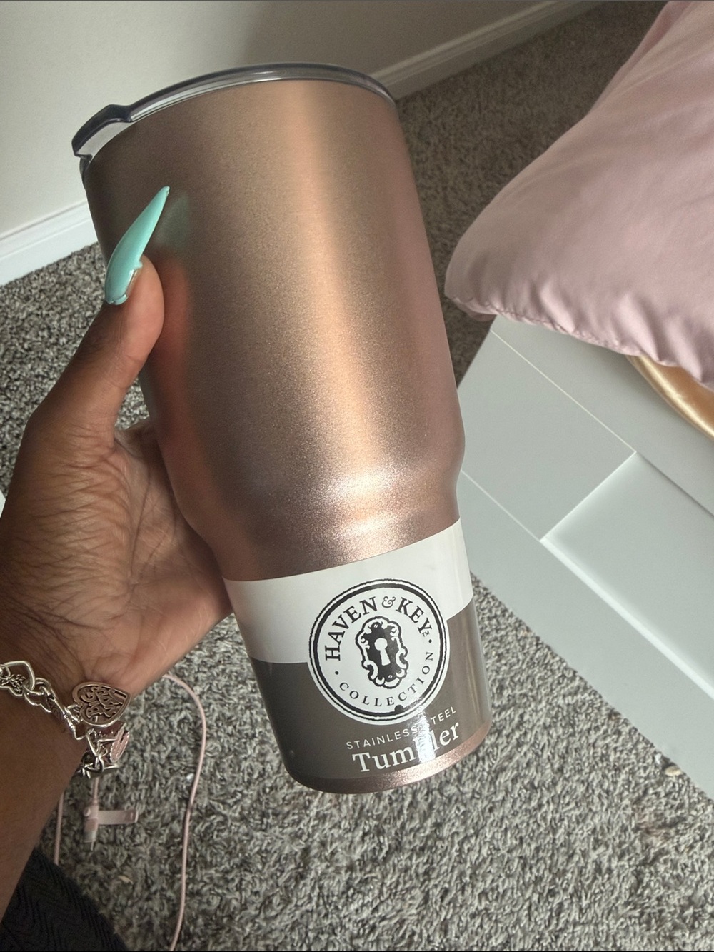 Metallic Rose Gold Travel Tumbler with Clear Lid